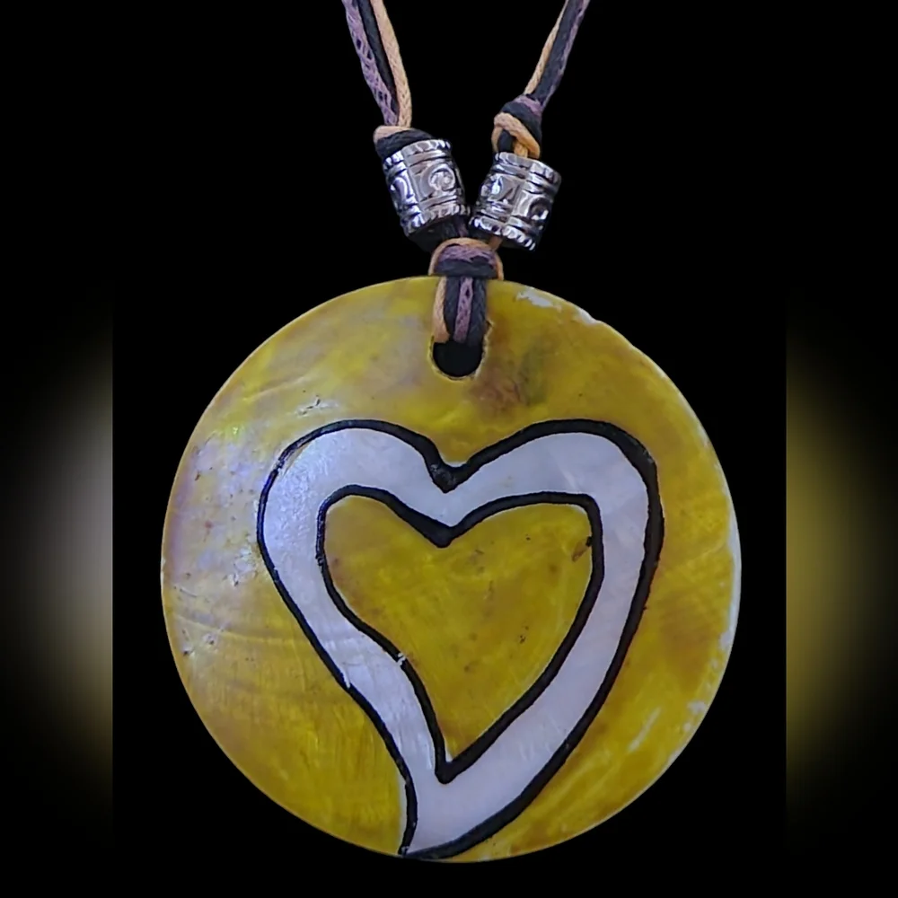 Hand Painted Yellow Heart Shell Coin Statement Artisan Made Necklace & Earrings - Picture 8 of 16